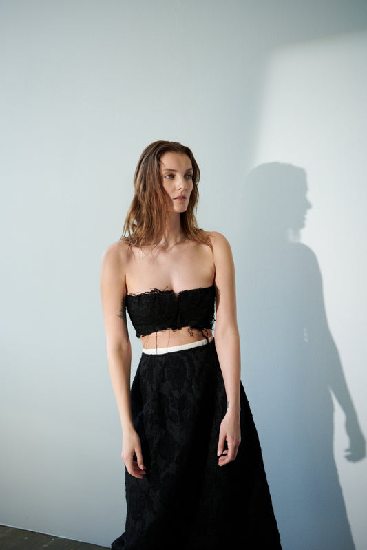 Euphoria Aen raw-edge corset top by Prague fashion atelier MAY
