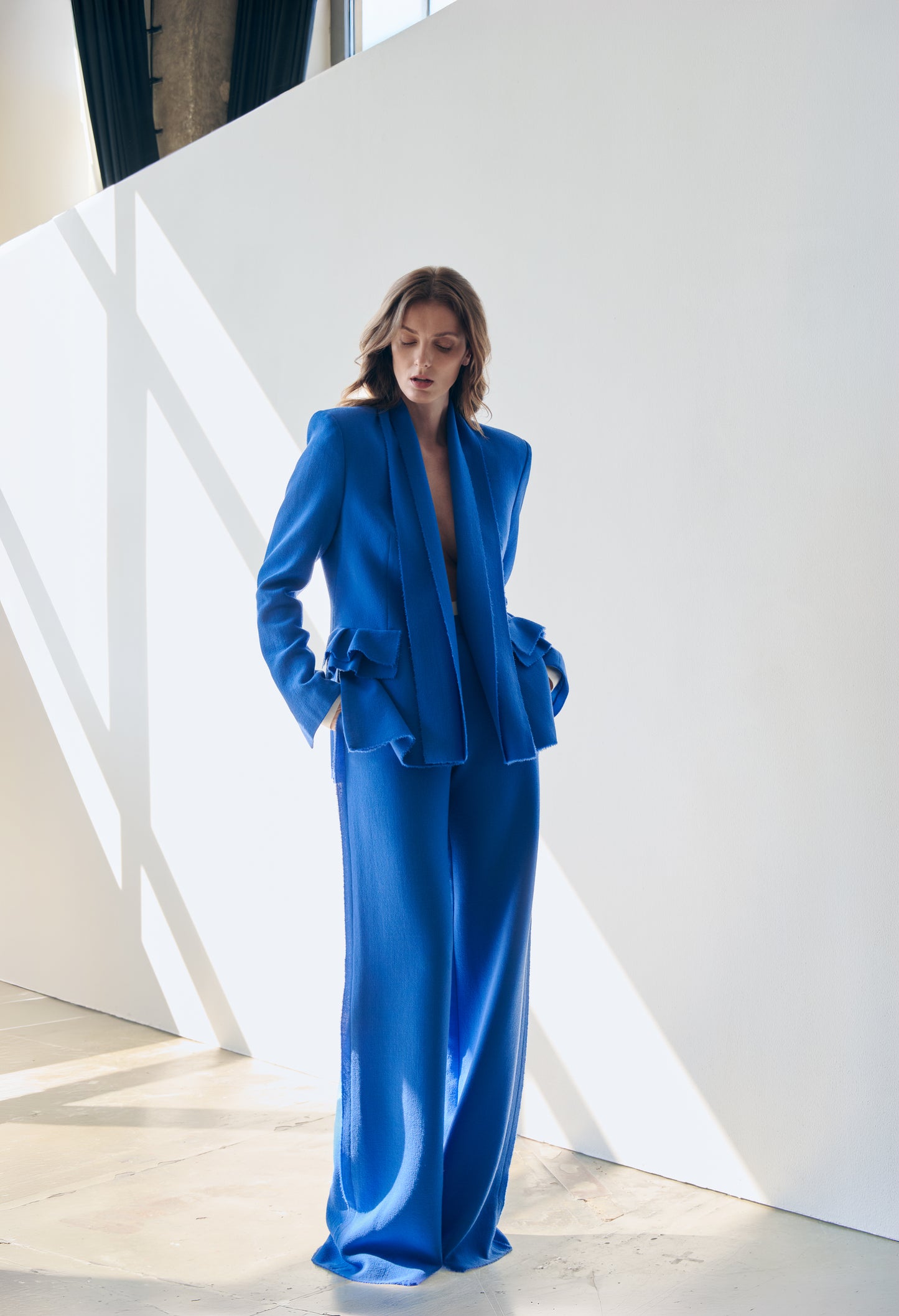 Sense wool tailored blazer with power shoulders by Prague fashion atelier MAY
