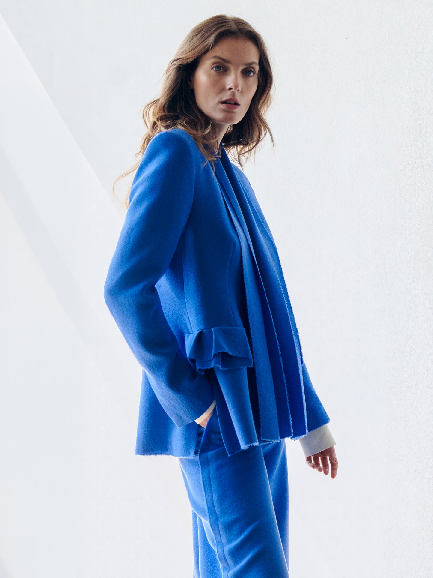 Sense wool tailored blazer with power shoulders by Prague fashion atelier MAY
